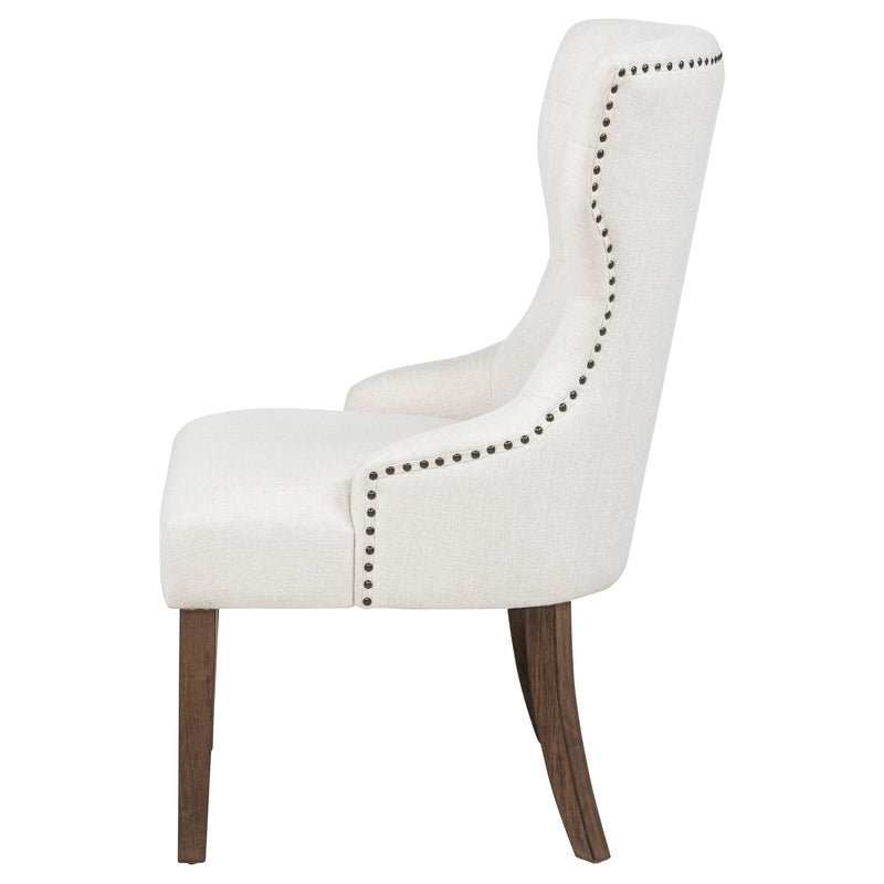 Silla auxiliar de comedor tapizada en tela Baney, crema y roble oscuro