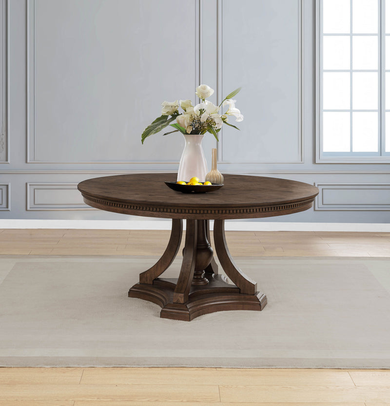 Mesa de comedor de pedestal redonda Ridgewell, roble oscuro