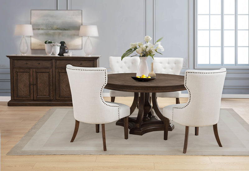 Mesa de comedor de pedestal redonda Ridgewell, roble oscuro