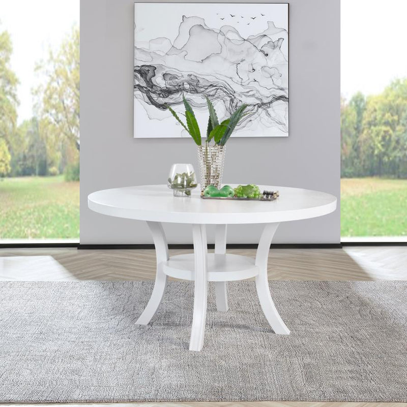 Mesa de comedor redonda de madera Judd de 54 pulgadas con estante, blanco perla