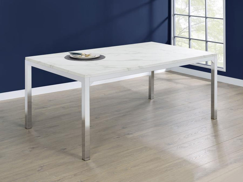Mesa de comedor rectangular de mármol sintético Athena de 64 pulgadas, cromada