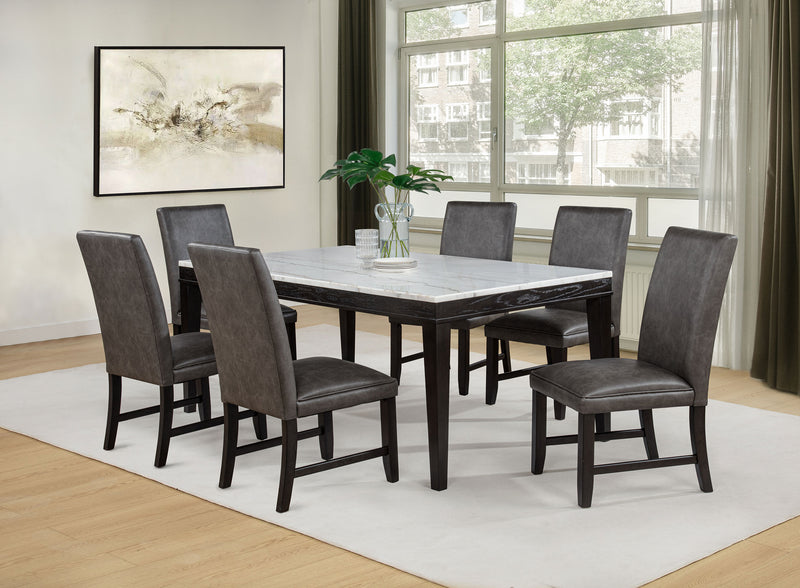 Juego de comedor Averill de 7 piezas con encimera de mármol blanco, gris oscuro y color café