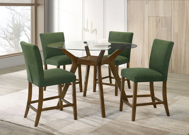 Juego de comedor Paxton de 5 piezas con tapa de cristal redonda y altura de mostrador, color verde