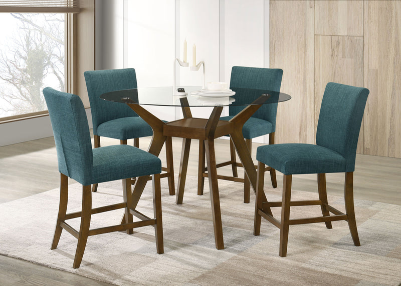 Juego de comedor Paxton de 5 piezas de altura de mostrador con tapa de cristal redonda azul verdoso