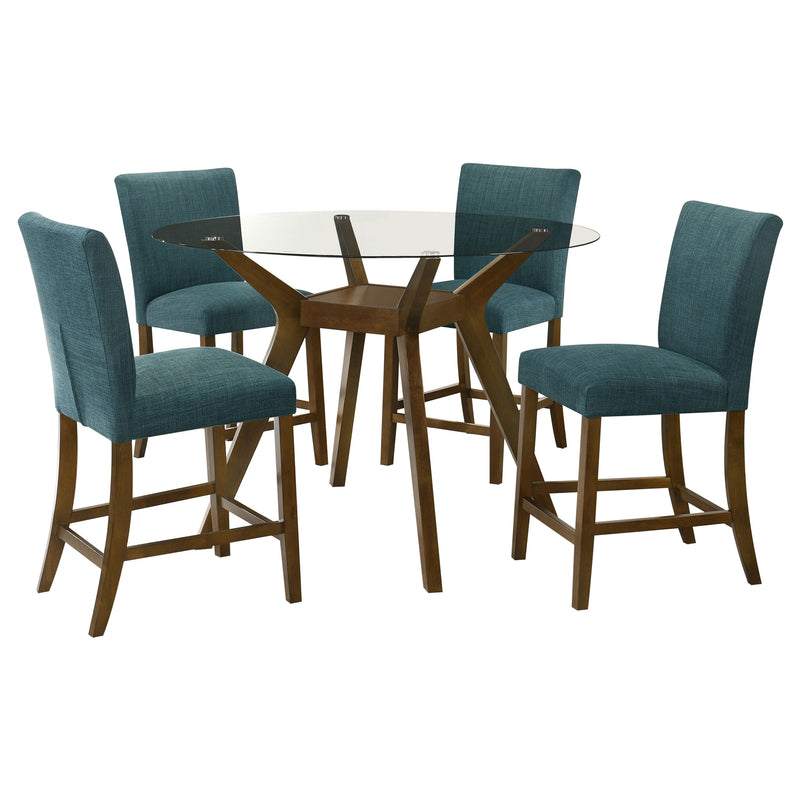 Juego de comedor Paxton de 5 piezas de altura de mostrador con tapa de cristal redonda azul verdoso