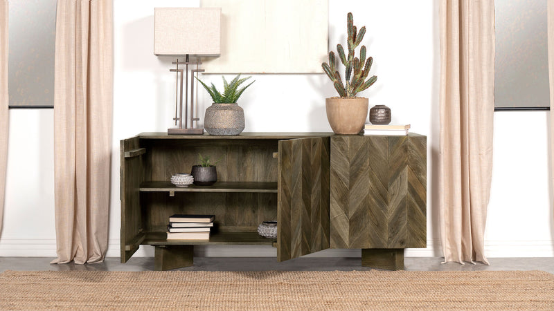 Aparador tipo bufé de madera maciza Tyler de 3 puertas, color marrón mango