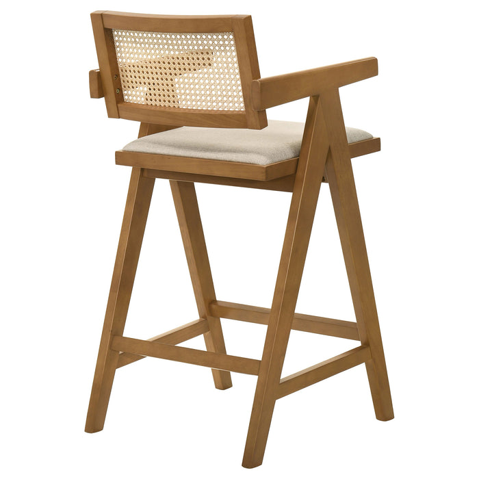 Kane Solid Wood Bar Stool with Woven Rattan Back and Upholstered Seat Light Walnut (Set of 2)