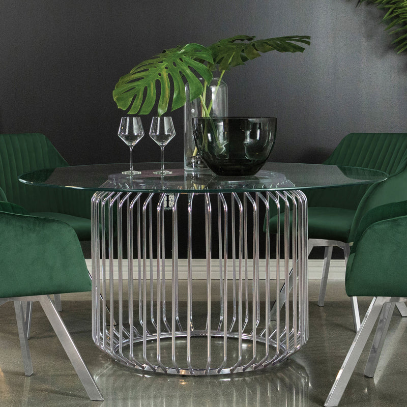 Mesa de comedor Veena redonda de metal con tope de cristal de 60 pulgadas, cromada