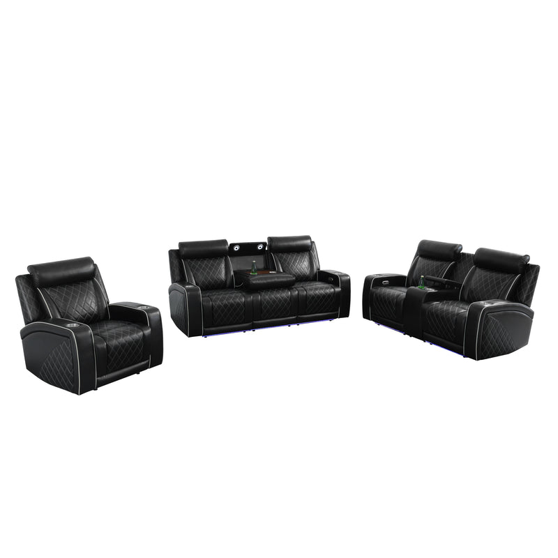 Black Breathable Leather 3-Piece Living Room Functional Sofa Set