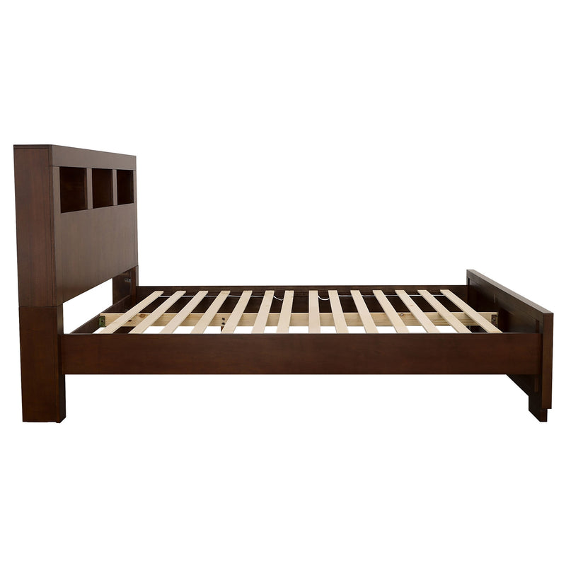 Cama con librero y almacenamiento con luces LED Jessica Wood, Capuchino