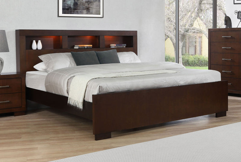 Cama con librero y almacenamiento con luces LED Jessica Wood, Capuchino