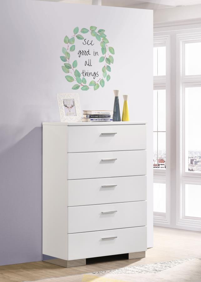 Cómoda de dormitorio Felicity de 5 cajones en blanco de alto brillo
