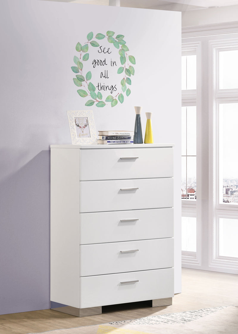 Cómoda de dormitorio Felicity de 5 cajones en blanco de alto brillo