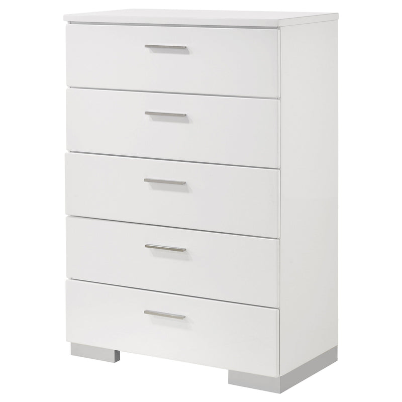 Cómoda de dormitorio Felicity de 5 cajones en blanco de alto brillo