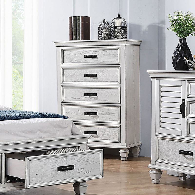 Cómoda de 5 cajones Franco para dormitorio, blanco envejecido