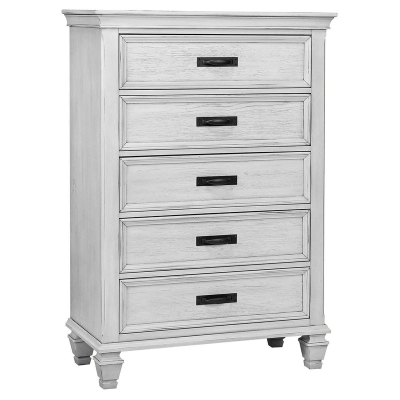 Cómoda de 5 cajones Franco para dormitorio, blanco envejecido