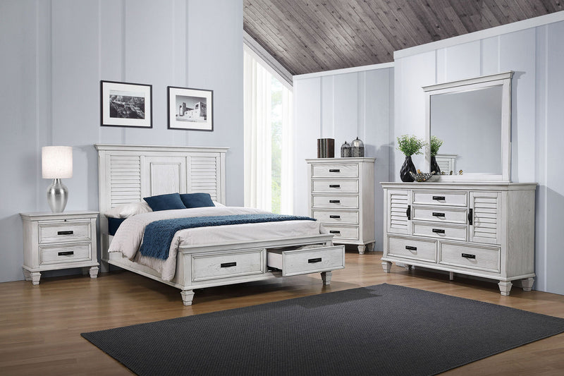 Cómoda de 5 cajones Franco para dormitorio, blanco envejecido