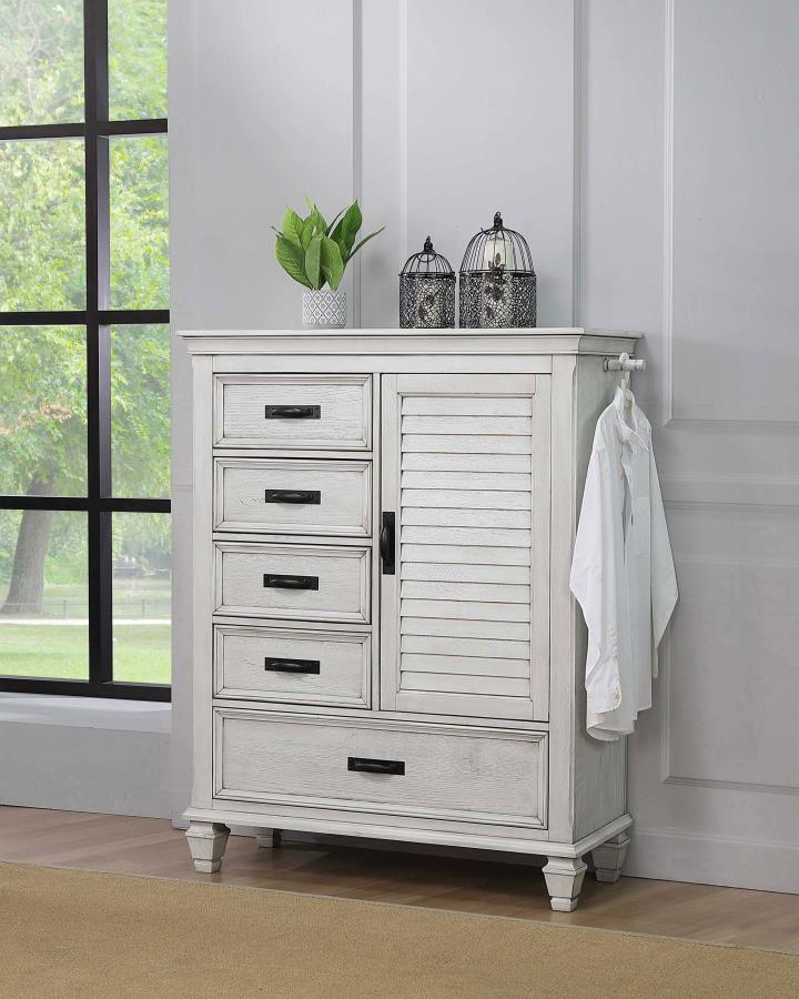 Cómoda Franco con puerta y 5 cajones, blanco envejecido