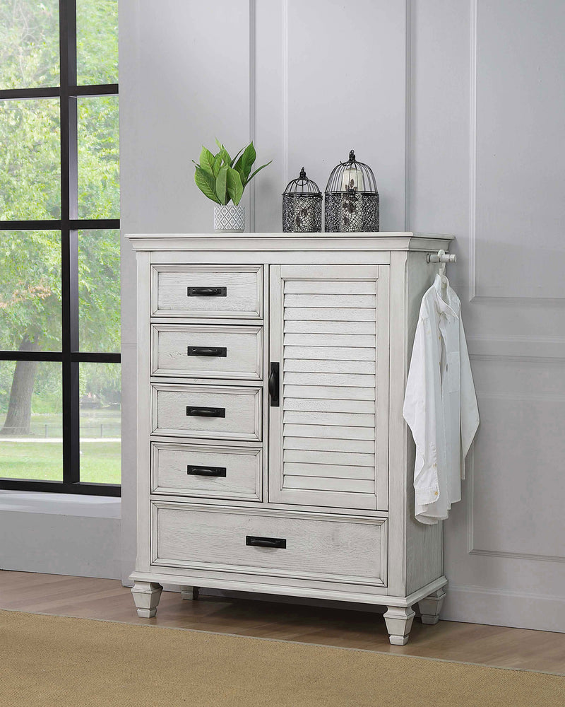 Cómoda Franco con puerta y 5 cajones, blanco envejecido