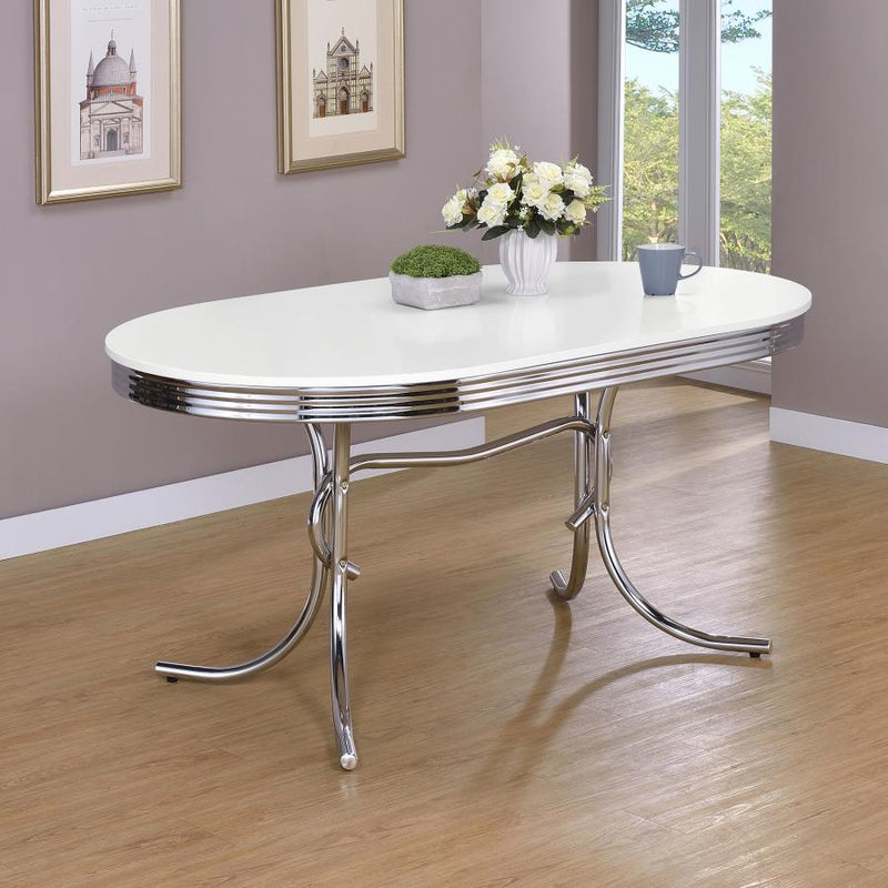 Mesa de comedor retro ovalada de 60 pulgadas con tapa de madera, blanca y cromada