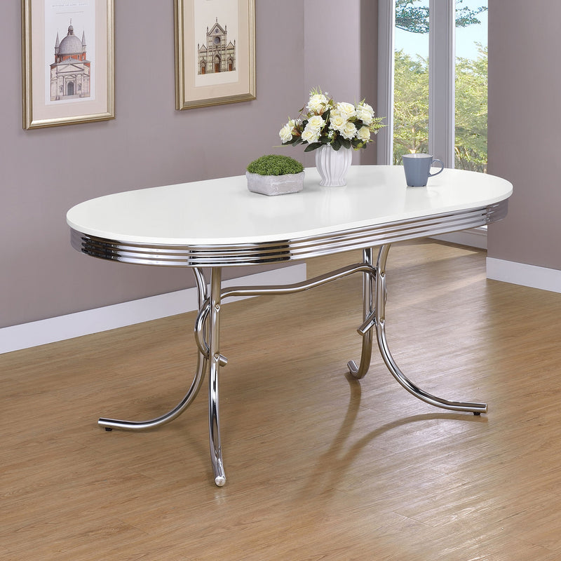 Mesa de comedor retro ovalada de 60 pulgadas con tapa de madera, blanca y cromada