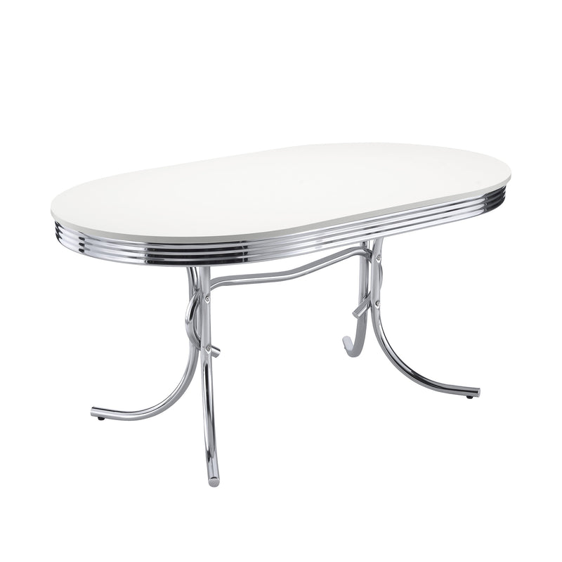 Mesa de comedor retro ovalada de 60 pulgadas con tapa de madera, blanca y cromada