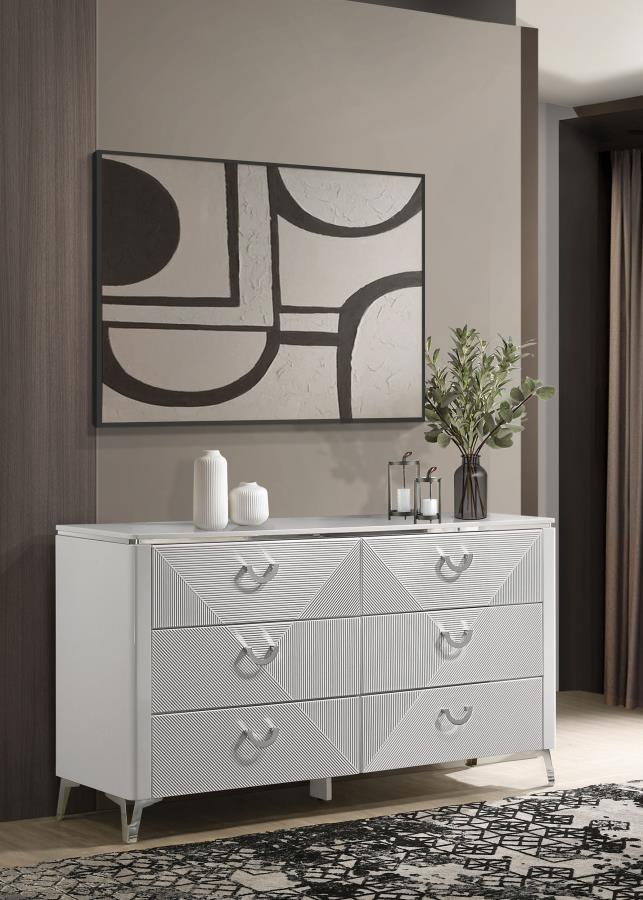 Cassia Cómoda de 6 cajones para dormitorio, color blanco brillante