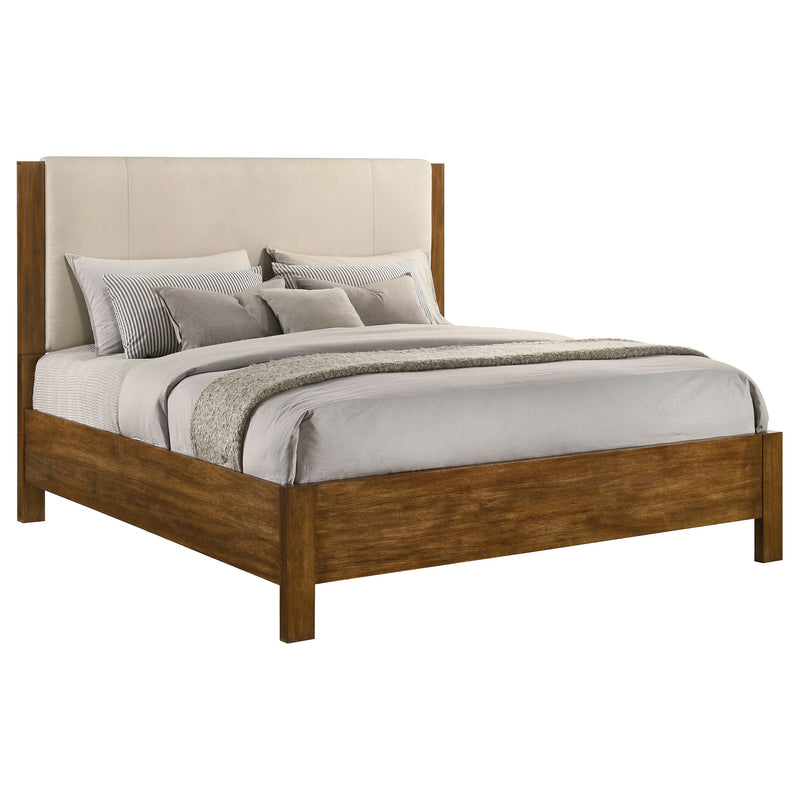 Cama Adderley con paneles de madera, crema y marrón cálido