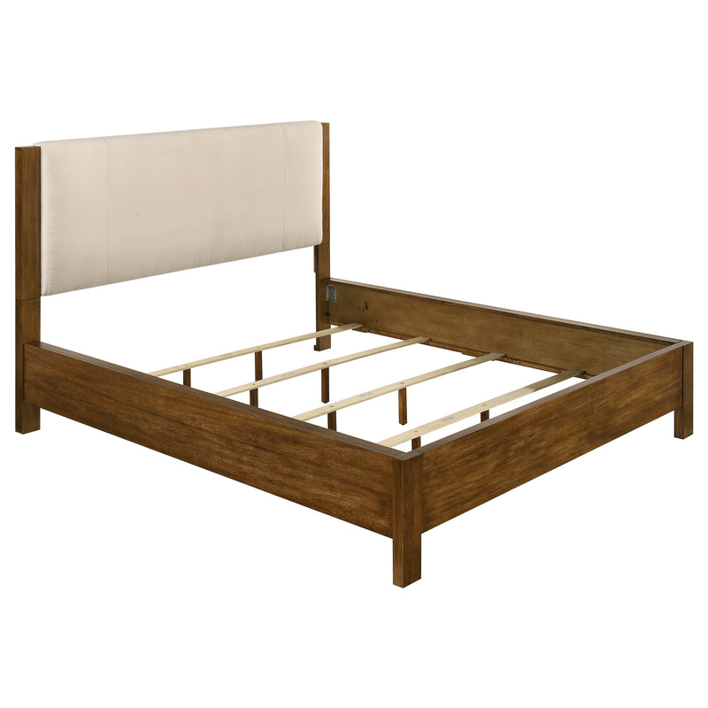 Cama Adderley con paneles de madera, crema y marrón cálido