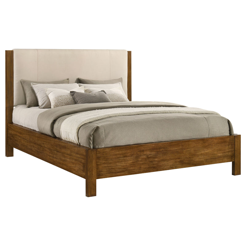 Cama Adderley con paneles de madera, crema y marrón cálido