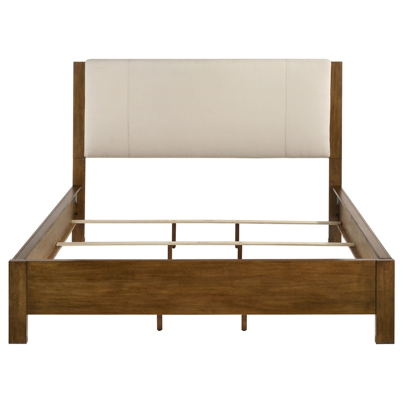 Cama Adderley con paneles de madera, crema y marrón cálido