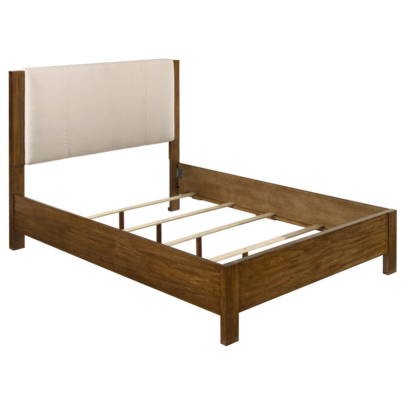 Cama Adderley con paneles de madera, crema y marrón cálido