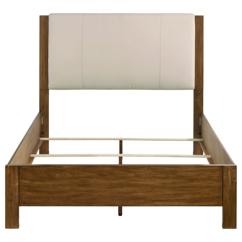 Cama Adderley con paneles de madera, crema y marrón cálido
