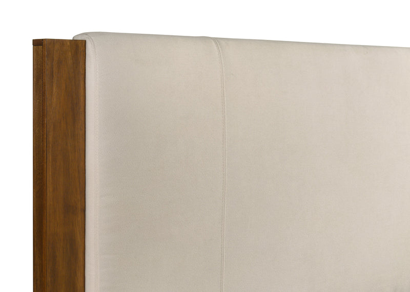 Cama Adderley con paneles de madera, crema y marrón cálido