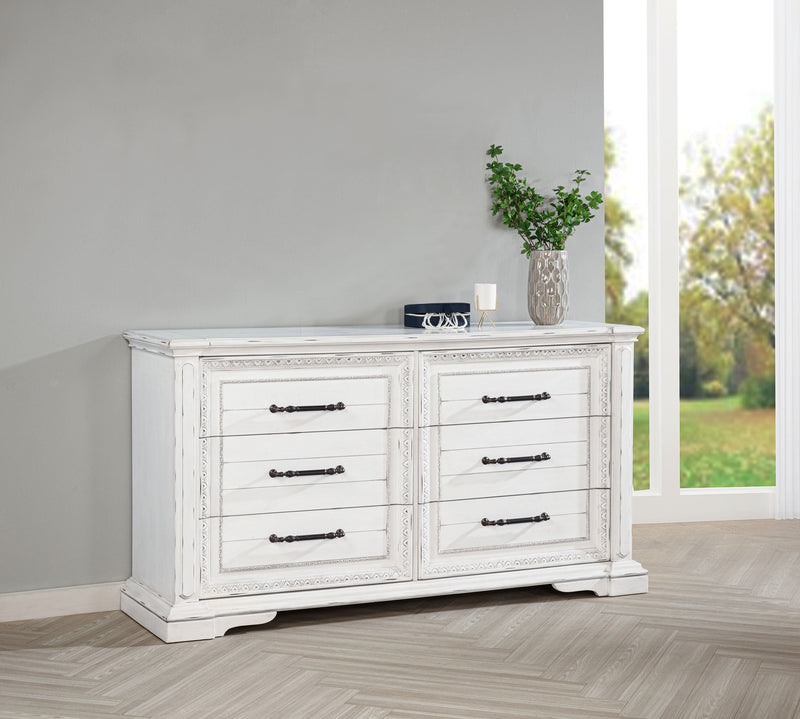 Cómoda de 6 cajones McKinney, mueble de dormitorio, blanco vintage