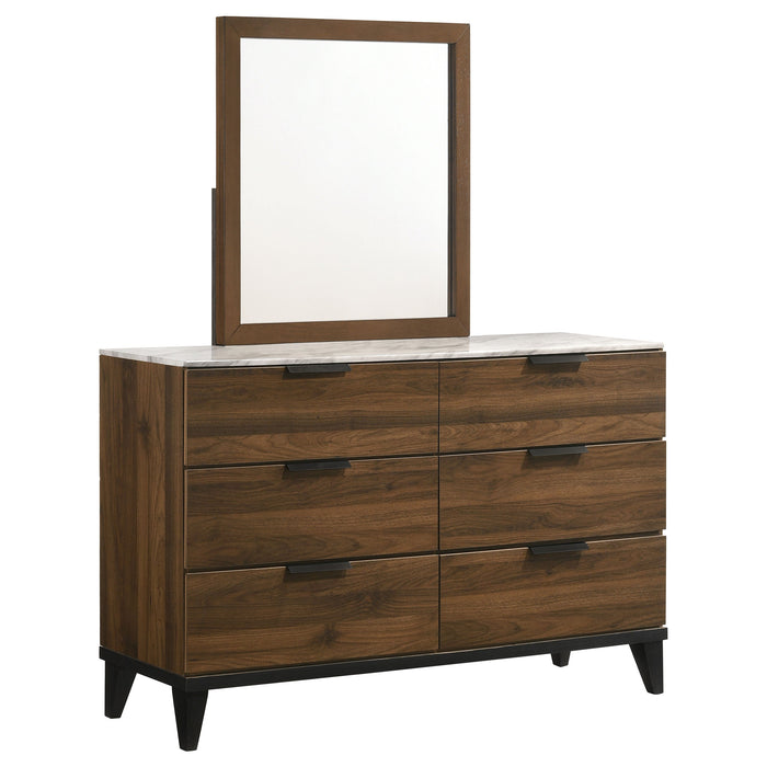 Mays 6-drawer Dresser with Mirror Walnut Brown with Faux Marble Top