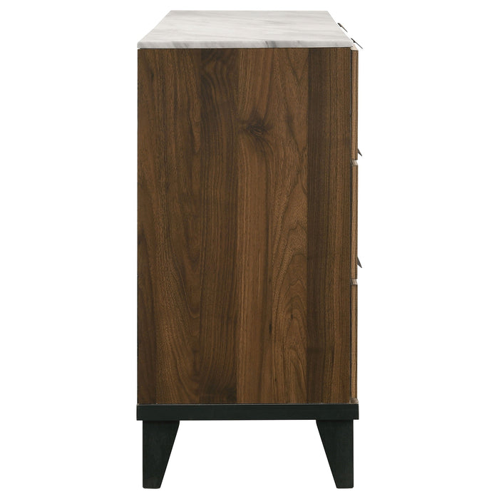 Mays 6-drawer Dresser with Mirror Walnut Brown with Faux Marble Top