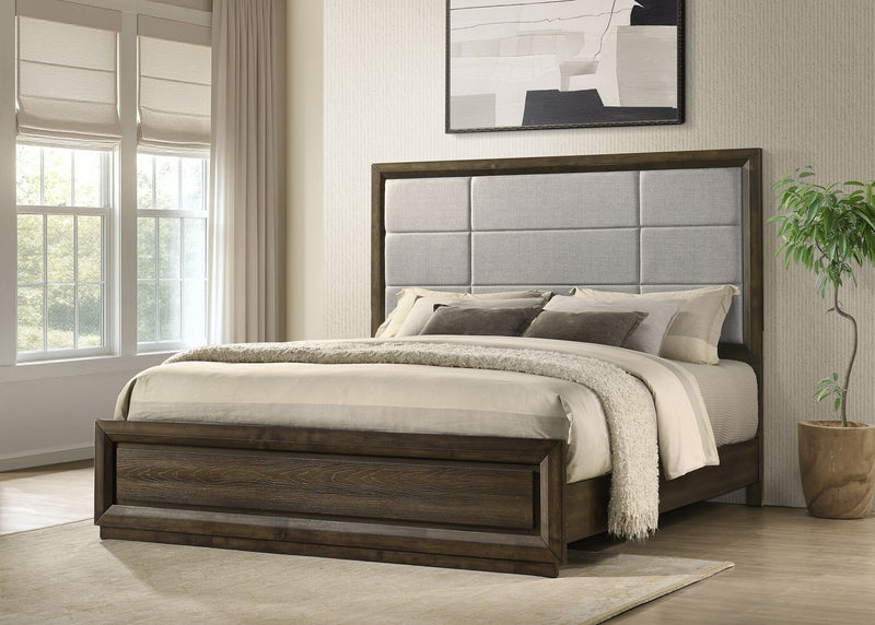 Cama con panel tapizado Atlas de 63 pulgadas, gris y roble oscuro