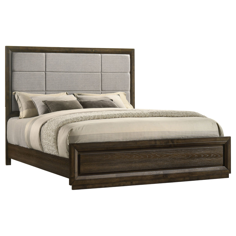 Cama con panel tapizado Atlas de 63 pulgadas, gris y roble oscuro