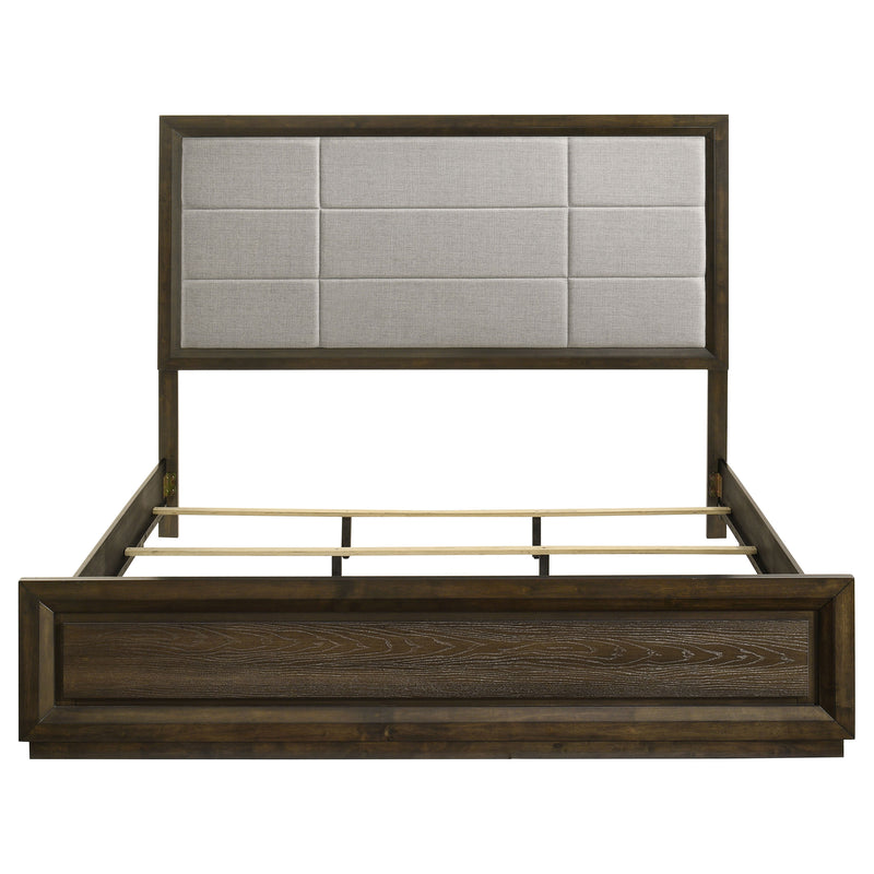 Cama con panel tapizado Atlas de 63 pulgadas, gris y roble oscuro