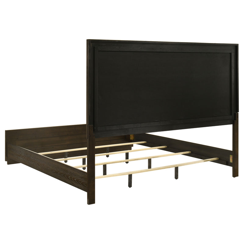 Cama con panel tapizado Atlas de 63 pulgadas, gris y roble oscuro