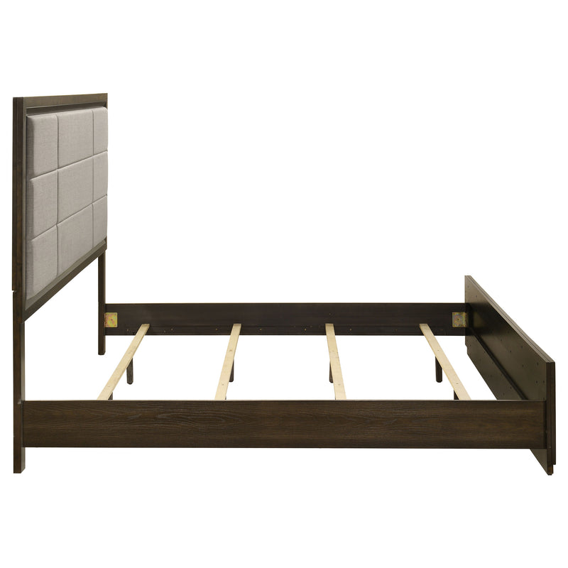 Cama con panel tapizado Atlas de 63 pulgadas, gris y roble oscuro