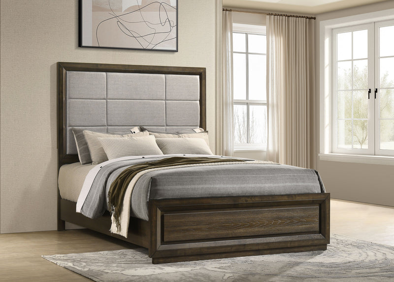 Cama con panel tapizado Atlas de 63 pulgadas, gris y roble oscuro