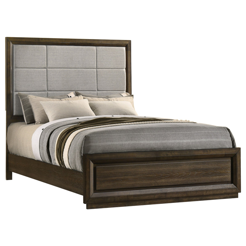 Cama con panel tapizado Atlas de 63 pulgadas, gris y roble oscuro