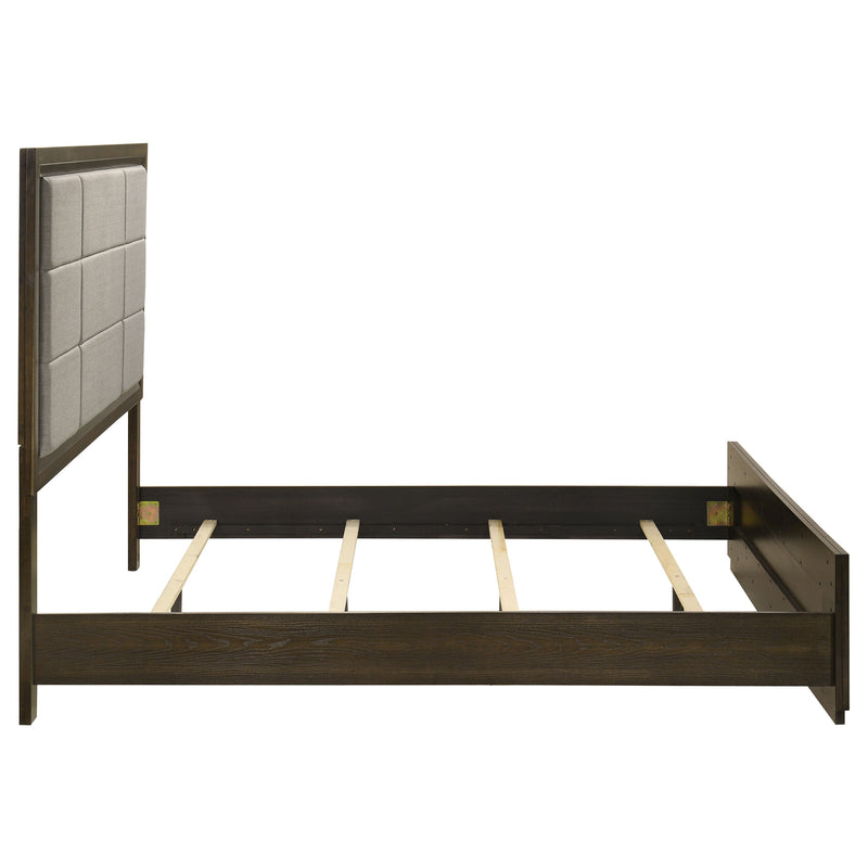 Cama con panel tapizado Atlas de 63 pulgadas, gris y roble oscuro