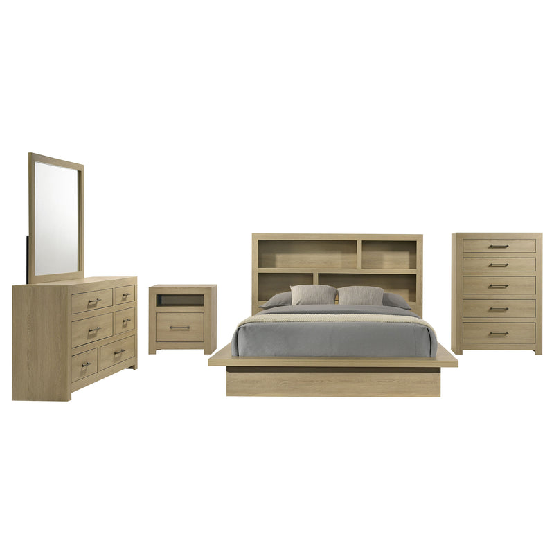 Base de cama con cabecero de estantería Hendricks de roble claro