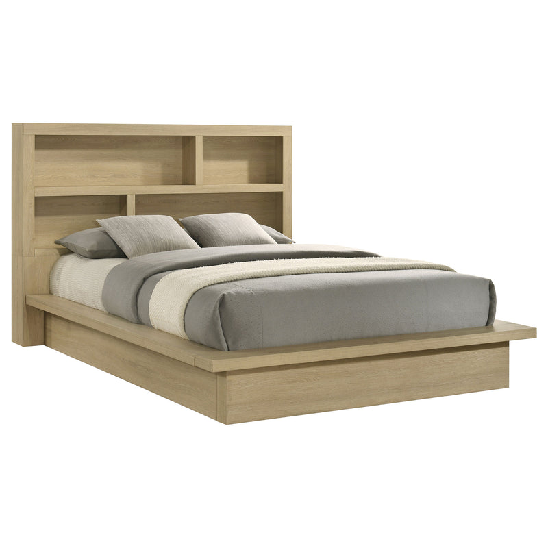 Base de cama con cabecero de estantería Hendricks de roble claro