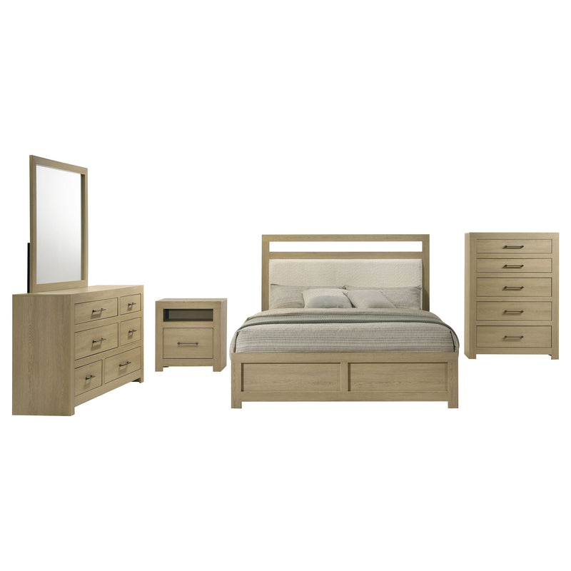 Base de cama con cabecero de estantería Hendricks de roble claro