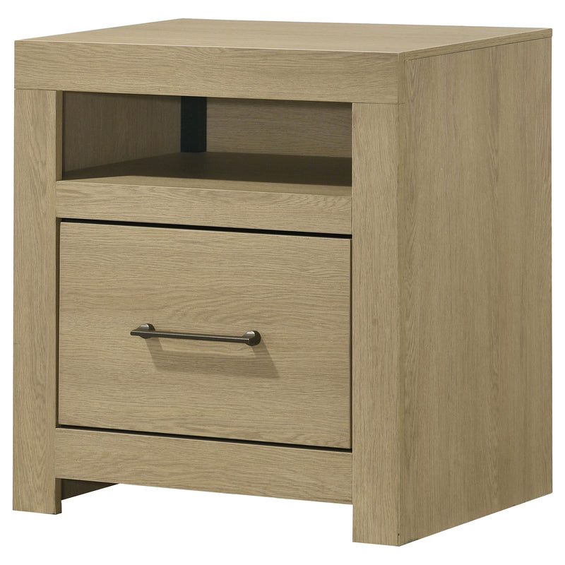 Mesa de noche Hendricks con 1 cajón y cubículo, roble claro