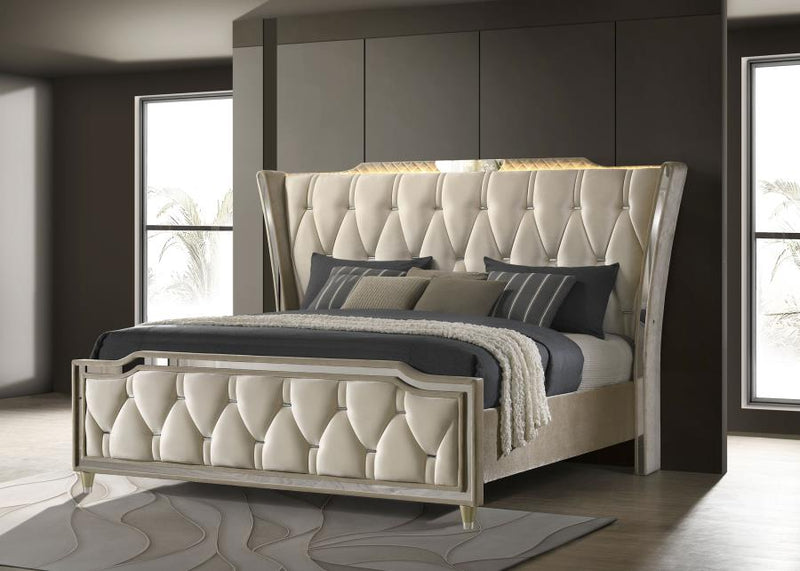 Lorient LED Upholstered Wingback Bed Ivory and Camel